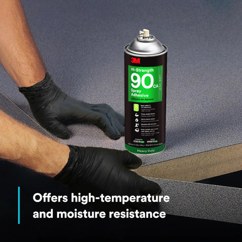 High Strength Spray Adhesive Glue Clear Fast Dry Formula 19 Oz Aerosol Can for Wood Metal Plastic and Fabric shown in use on surface.