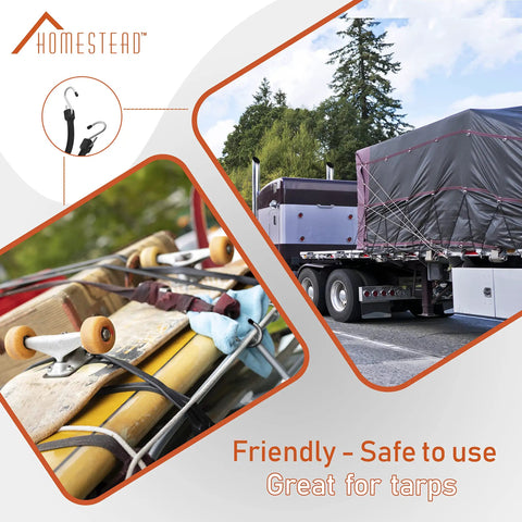 Collage of 10 Pack 10 Inch Rubber Bungee Cords With Hooks EPDM Tie Down Straps securing cargo on a truck and outdoor gear