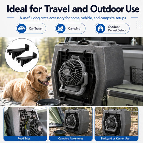 Keep The Pup Squad Chill As The Summer Temps Rise Using This Trusty 2 Pack Fan Mounting Clip That Secures Battery Operated Blowers Firmly Inside Any Standard Dog Crate Or Pet Enclosure Setup, featuring tools-free brackets for portable fans in a dog crate.