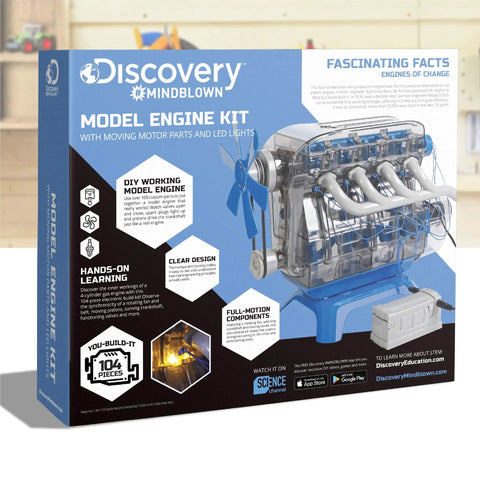 Box of Discovery Mindblown Model Engine Kit with Hands On 4 Cylinder Engine Kit For STEM Lovers showing engine illustration and features.