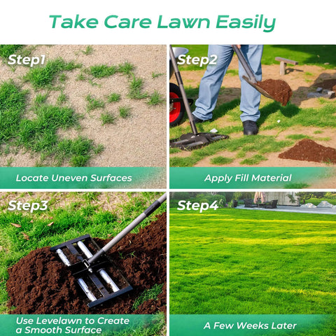 Four Roller Aluminum Lawn Leveling Rake With 61 Inch Adjustable Handle For Smooth Soil In Lawns Gardens Golf Courses And Farms 17x10 Inch Levelawn Tool Pro Grade Heavy Duty Stainless Steel Leveler With Drag Free Rolling Design steps for lawn care