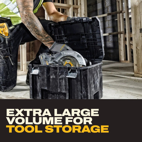 Person using Extra Large TSTAK Tool Box With Removable Tray For Quick Tool Access And Water Debris Resistant Build at job site