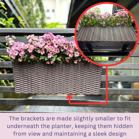 Outdoor Rail Planter For Balcony 20 Inch Two Pack With Rattan Pattern Design Drainage Holes And Brackets For Easy Hanging