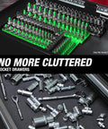 3/8 Inch Metric Socket Organizer With Dual Rail For Deep And Shallow Sockets, Holds 6 mm To 20 Mm, Labeled Posts, in toolbox