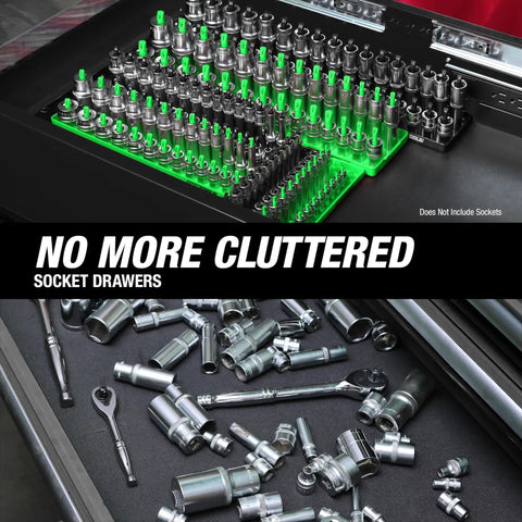 3/8 Inch Metric Socket Organizer With Dual Rail For Deep And Shallow Sockets, Holds 6 mm To 20 Mm, Labeled Posts, in toolbox
