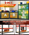 Two Pack Adjustable Garage Shelves With Side By Side Design Deliver 71 Inch Wide Storage For Garage Pantry And Kitchen Heavy Duty Build Perfect For 18 Gallon Storage Boxes Five Gallon Buckets Spare Tires Moving Boxes And More. Adjustable steel garage shelving with 2-in-1 detachable design and floor protection