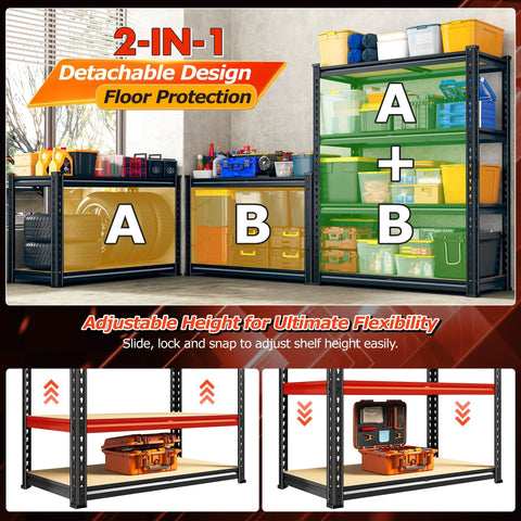 Two Pack Adjustable Garage Shelves With Side By Side Design Deliver 71 Inch Wide Storage For Garage Pantry And Kitchen Heavy Duty Build Perfect For 18 Gallon Storage Boxes Five Gallon Buckets Spare Tires Moving Boxes And More. Adjustable steel garage shelving with 2-in-1 detachable design and floor protection