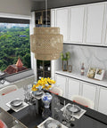 Handwoven Bamboo Pendant Light With Battery And Remote, Natural Rattan Hanging Lamp for Kitchen, above dining table