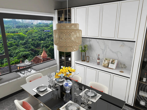 Handwoven Bamboo Pendant Light With Battery And Remote, Natural Rattan Hanging Lamp for Kitchen, above dining table