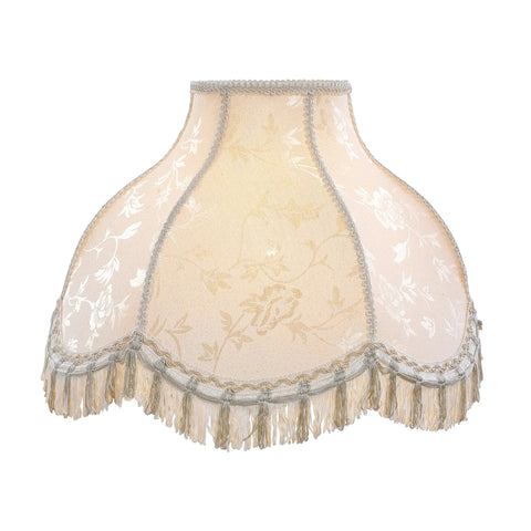 Off White Jacquard Scallop Bell Lamp Shade With Fringes, Spider Construction, Brass Fitter, 6.25 Inch Top, 17 Inch Bottom, 12 Inch Slant Height