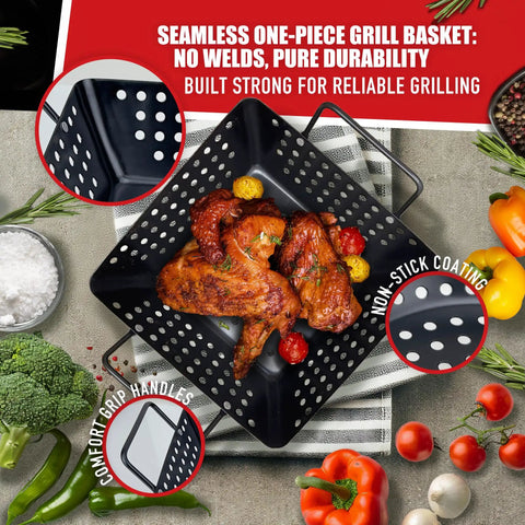 Small Nonstick 3 Piece Grill Basket Set For Vegetables Seafood And Meat Perfect For Grillin And Chillin BBQ On Charcoal Gas And Outdoor Grills Perforated Heavy Duty Grill Pan Easy To Clean Toss And Go with grilled chicken and vegetables