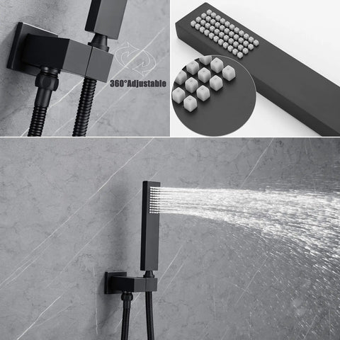 Matte Black Shower System With Rain Shower And Handheld showing detail of adjustable handheld sprayer with water flow