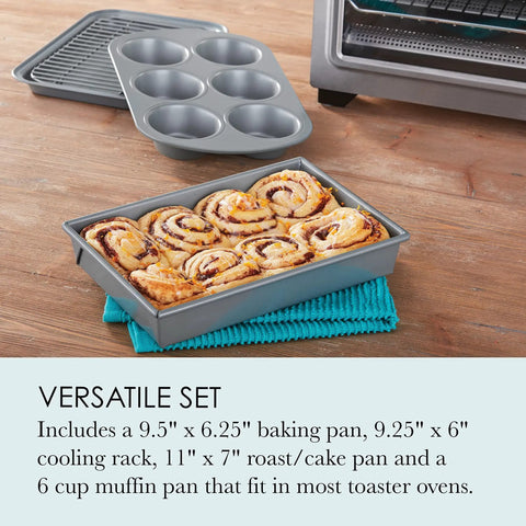 Pro Grade 4 Piece Nonstick Toaster Oven Bakeware Set with heavy duty aluminized steel, featuring 9.5x6.25 pan holding rolls