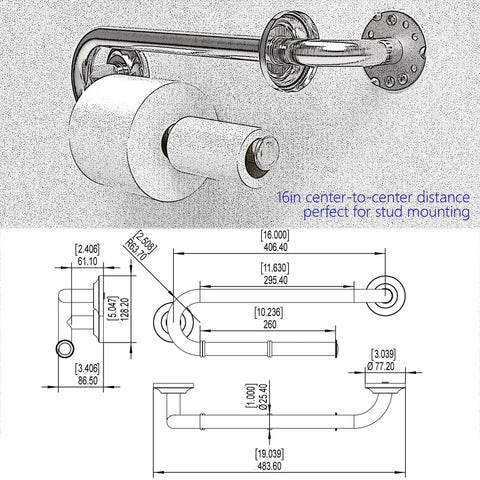 Technical diagram of Heavy Duty Bathroom Grab Bar With Toilet Paper Holder, 250Lb Support, 16 Inch Stud Mount, Matte Black Steel.