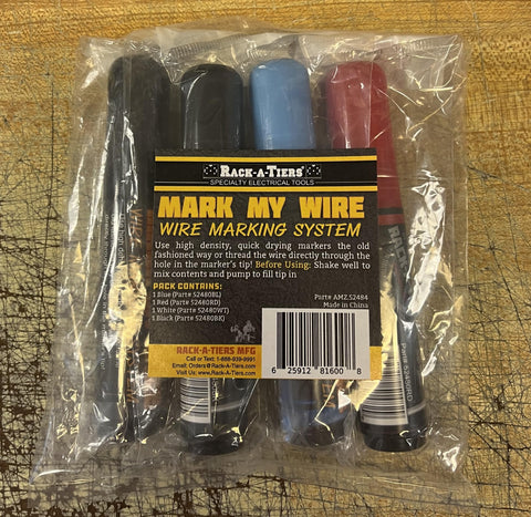 Mark My Wire Wire Marker Kit 4 Pack Black Blue Red White shown in packaging with label detail