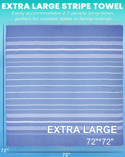 Oversized Boho Turkish Beach Towel Blanket Quick Dry Sand Free Jumbo Outdoor Picnic Mat Extra Large XL Navy For Family Beach Camping Travel And Yard Essentials, featuring large blue striped pattern