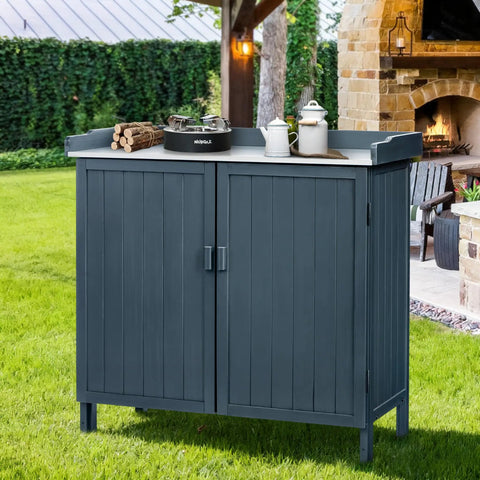Outdoor Storage Cabinet With Potting Bench And Metal Tabletop For Garden And Patio, Weatherproof Wooden Planting Workstation