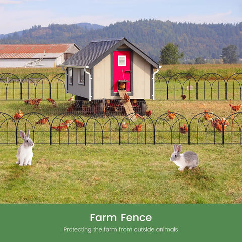 No Dig Black Metal Garden Fence Panels Six Pack Decorative Border For Yard And Flower Beds Dog Fence Outdoor Edging Easy Setup Built Tough Rust Proof Wire installed around a chicken coop with rabbits nearby.