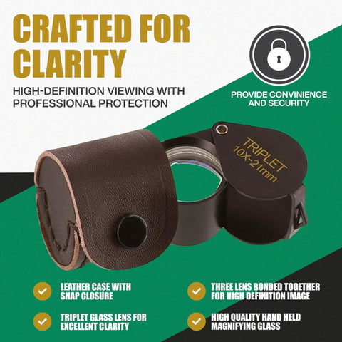 10x21 Triplet Professional Loupe for Jewelry, Coins, Gemstones with leather case and high-definition viewing features.
