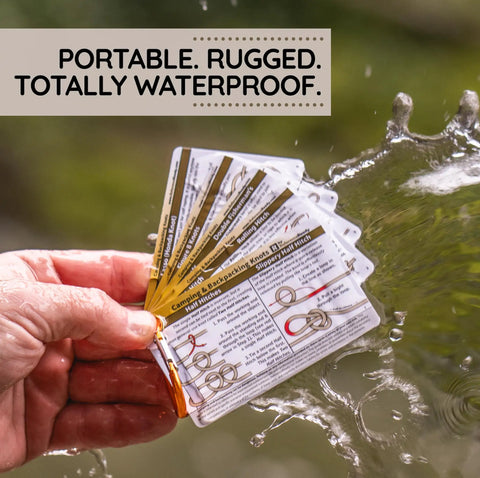 Outdoor Knot Cards 22 Knots For Camping Backpacking And Scouts waterproof demonstration with hand holding card set in water splash