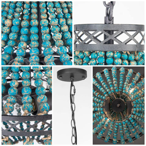 Details of Blue Wood Beaded Chandelier With Boho Vibes, Modern Farmhouse Pendant Light for various room settings with E26 base