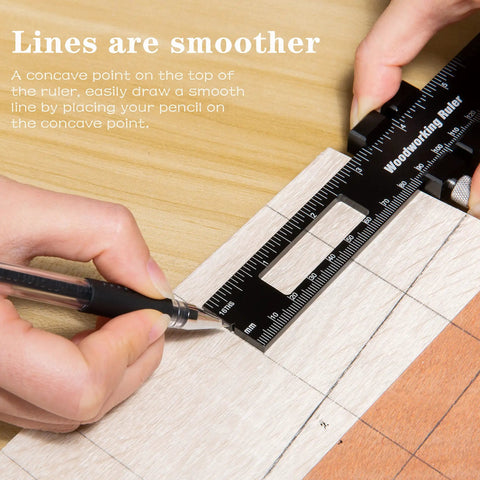 Pro Grade Precision Pocket Ruler Set 3 Pack For Woodworking Scribing And Marking Tools with T Track Indicators in use on wood