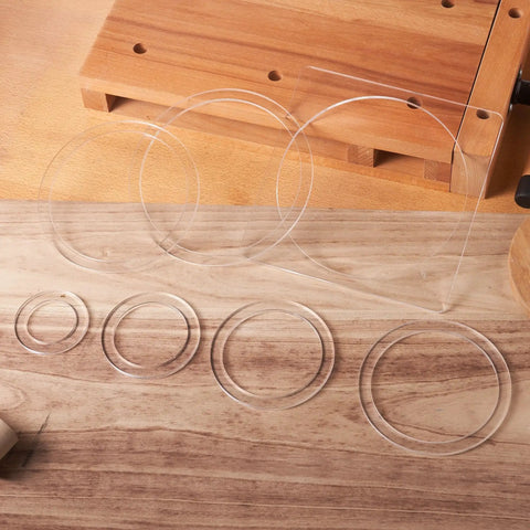 Top Shelf Pack Of Seven Big Circle Inlay Router Template Jig For Woodworking And Craft Projects Making Perfect Oval Cuts Three To Eight Inches, showing clear acrylic templates.