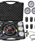 Pro Grade Nitrogen Hydraulic Accumulator Charging Kit With 7 Couplings, 3 Gauges, Gas Hose, and Tester in Open Case