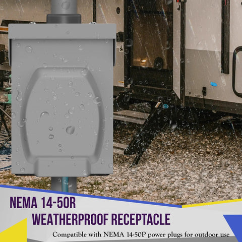 Lockable Weatherproof NEMA 14 50R Outdoor RV Power Outlet Box for RVs Campers EVs and Generators mounted on rainy backdrop