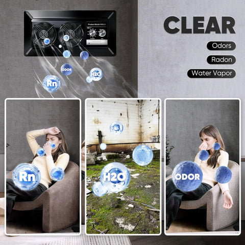 Beefy Crawl Space Vent Fan With Humidity Control And Thermostat 220 CFM 3000 RPM Dual Knobs For Speed And Humidity Reduces Radon Odors And Moisture High Efficiency Ventilation For Fresher Indoor Air shown in use reducing radon and odors.