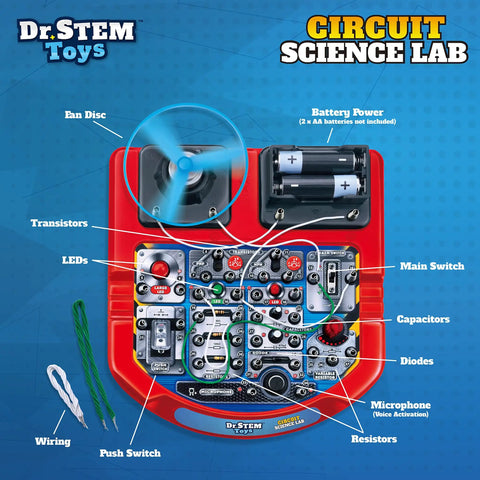 Hands On Real Circuit Wiring Kit For Kids With LED Lights And A Flying Fan Fun 18 Cool STEM Experiments For Boys And Girls 8 And Up Premium Wires No Cheap Snap Circuits Learn Real Electronics By Building. Circuit science lab kit with fan disc, batteries, wires, switches, LEDs, and components