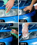 Steps showing application of Headlight Restoration Kit That Delivers Crystal Clear Like New Lenses Instantly Removes Yellowing And Oxidation Boosts Visibility For Safer Night Driving Easy Application And Proven Results
