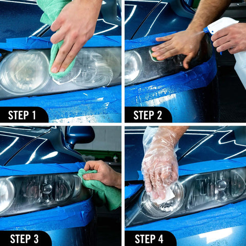 Steps showing application of Headlight Restoration Kit That Delivers Crystal Clear Like New Lenses Instantly Removes Yellowing And Oxidation Boosts Visibility For Safer Night Driving Easy Application And Proven Results