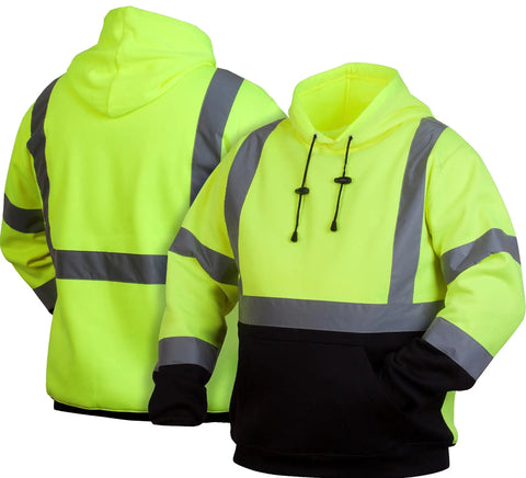 Hi Vis Lime Safety Pullover Sweatshirt With Black Bottom Hem 2X Large Durable Workwear shown front and back view