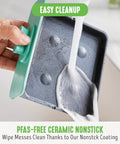 Close-up of hand washing ceramic nonstick tray from 3 In 1 Breakfast Station With Ceramic Nonstick Dual Griddles For Eggs Sausage Bacon Pancakes And Breakfast Sandwiches, 2 Slice Toast Drawer And Easy Timer Turquoise Kitchen Appliance under running water.