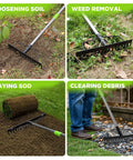 65 Inch Bow Rake For Heavy Duty Garden Work With 17 Tine Metal Head And High Strength Adjustable Handle for soil and debris tasks