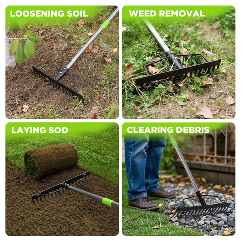 65 Inch Bow Rake For Heavy Duty Garden Work With 17 Tine Metal Head And High Strength Adjustable Handle for soil and debris tasks