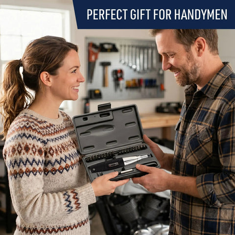 Couple gifting a Torque Screwdriver Set With 28 SAE Bits And One Quarter Inch Drive Hardshell Case Adjustable 2 To 36 Inch Pound Torque Wrench.