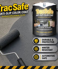 No Fumble Non Slip Concrete Color Coat, Textured Real Stone Aggregate Finish, Hella Durable All Season Traction Paint For Smooth Indoor Floors And Outdoor Walkways, Graphite Gray 1 Gallon with roller on concrete surface.