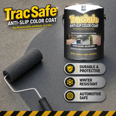 No Fumble Non Slip Concrete Color Coat, Textured Real Stone Aggregate Finish, Hella Durable All Season Traction Paint For Smooth Indoor Floors And Outdoor Walkways, Graphite Gray 1 Gallon with roller on concrete surface.