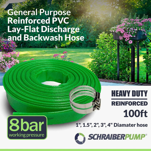 Green 3-Inch By 100-Foot Heavy-Duty Reinforced PVC Lay-Flat Discharge And Backwash Hose with clamps, garden background
