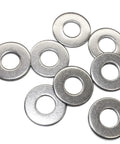 Nine stainless steel flat washers, 1 in outer diameter, 0.080 in thick, 3/8 in ID, 304 stainless.