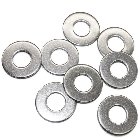 Nine stainless steel flat washers, 1 in outer diameter, 0.080 in thick, 3/8 in ID, 304 stainless.