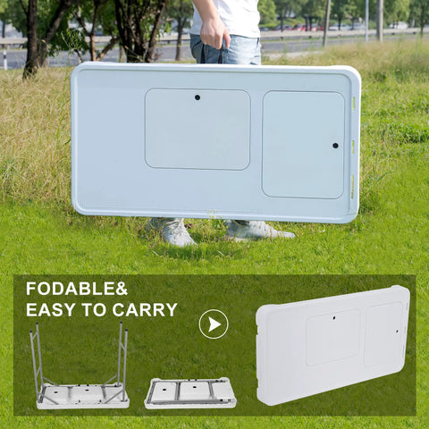 Person carrying Dual Sink Fish Cleaning Table For Camping And Picnics, 42.5 Inch Portable Folding Fish Station, white, grassy field