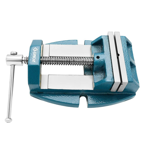 Five Inch Precision Drill Press Vise With Pro Grade Cast Iron Construction, top view showing horizontal and vertical V grooves