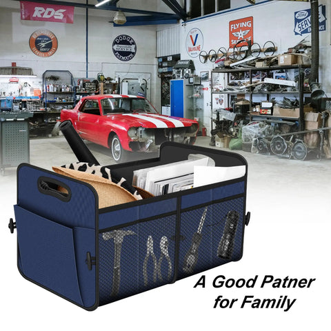 72L Large Car Trunk Organizer With Waterproof Collapsible Design And 11 Pockets in a garage setting, blue color