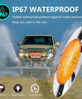 6.6 Inch Oval Amber LED Side Marker Lights Kit showing waterproof feature in a rainy scene, chrome bezel, for truck trailer RV use