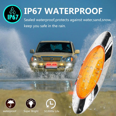 6.6 Inch Oval Amber LED Side Marker Lights Kit showing waterproof feature in a rainy scene, chrome bezel, for truck trailer RV use