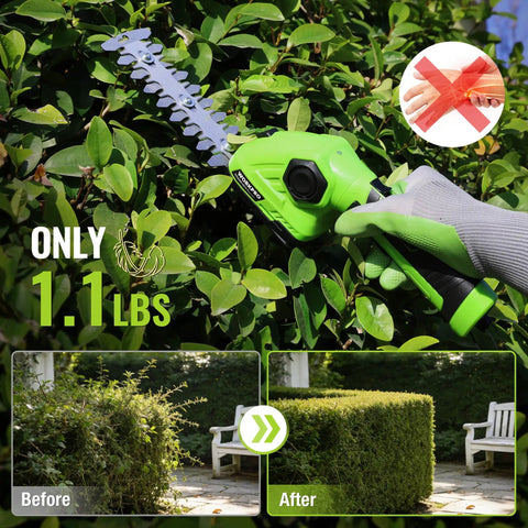 2 In 1 Cordless Grass Shear And Shrub Trimmer For Quick Hedge Shaping trimming hedge, showing lightweight 1.1 lb design