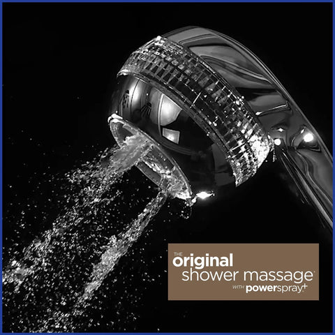 Original Massage Shower Head With Handheld Spray And PowerSpray 2.5 GPM Chrome Finish with water flowing from the nozzle